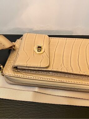 Beige Croc-Embossed Crossbody Bag with Gold Hardware